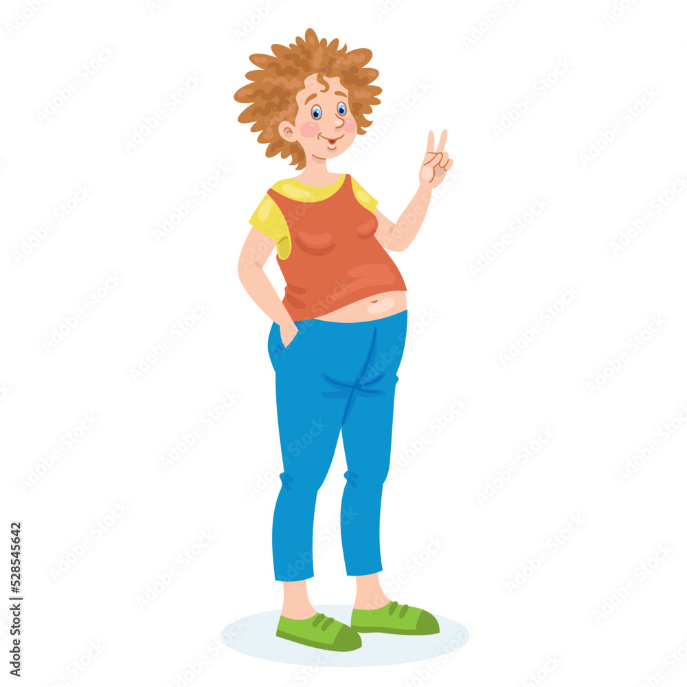 Young cute pregnant woman stands showing victory sign. In cartoon style. Isolated on white background. Vector illustration Young cute pregnant woman stands showing victory sign. In cartoon style. Isolated on white background. Vector illustration