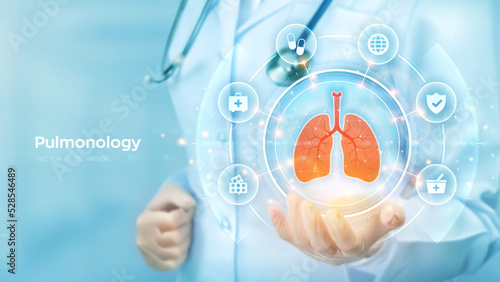 Pulmonology medicine concept. Respiratory system examination and treatment. Doctor holding in hand the hologram of Lungs and medical icons network connection on virtual screen. Vector illustration.