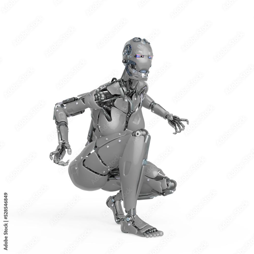cyborg girl is crouching in action on white background