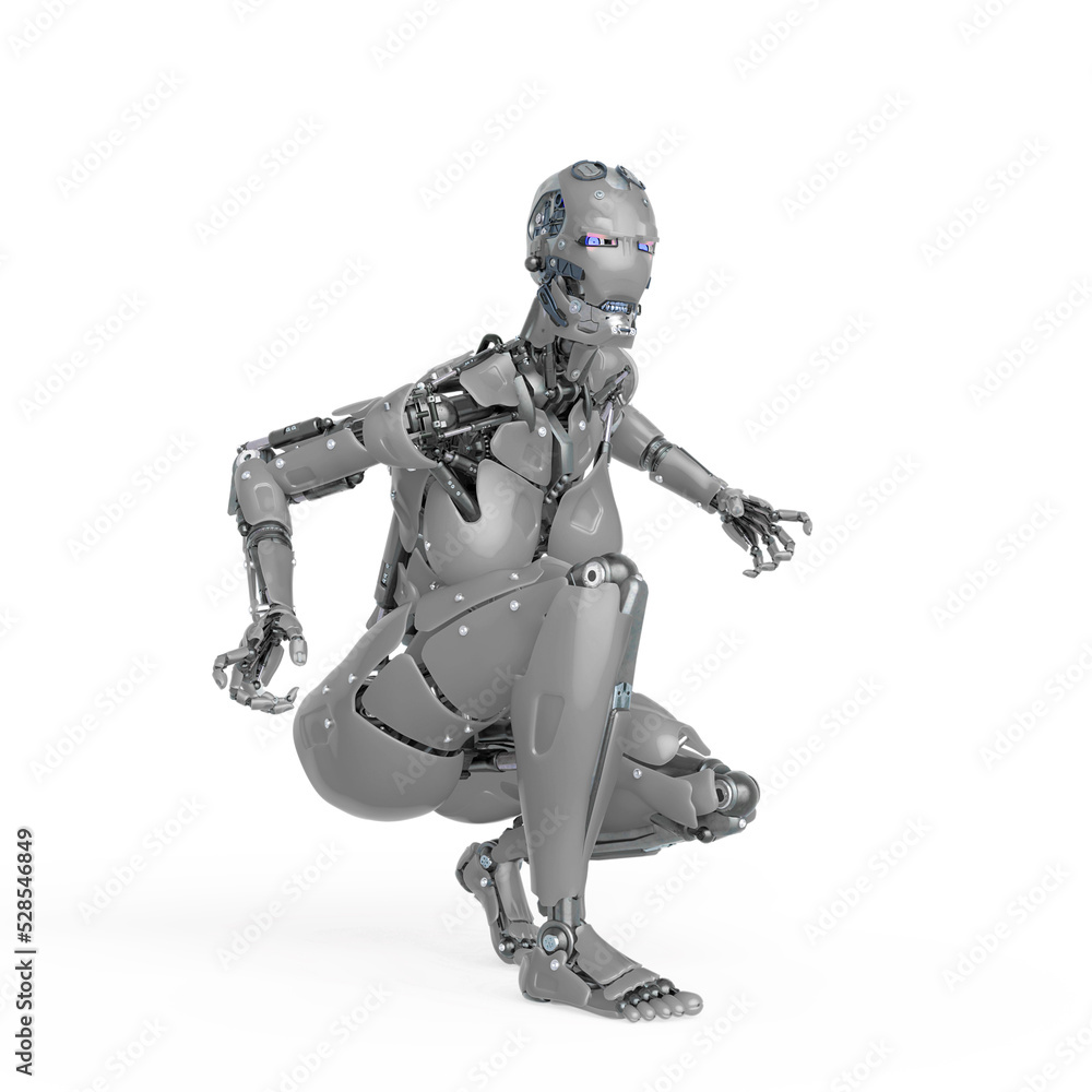 cyborg girl is crouching in action on white background cyborg girl is crouching in action on white background