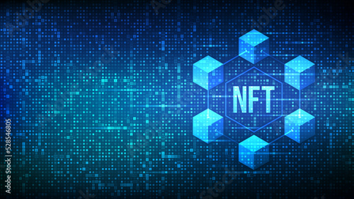 NFT technology background made with binary code. Non-fungible token digital crypto art blockchain tech concept. Investment in cryptographic. Matrix background with digits 1.0. Vector illustration.