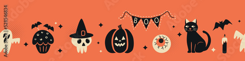 seamless pattern border for print and web. happy halloween with characters icons jack lamp, skull, black cat, worms, bat, candle, cupcake. vector illustration