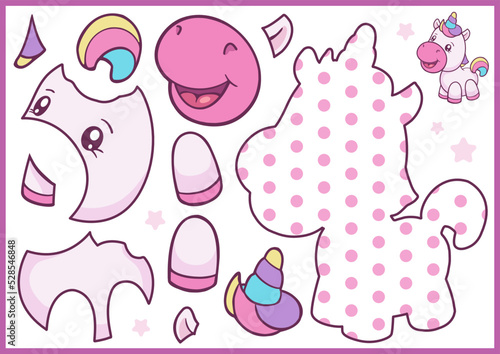 Cut and glue a paper puzzle of unicorn. Kids craft page. DIY papercraft toys pony. Activity worksheet for children. Vector printable education game for birthday party. Vector illustration.