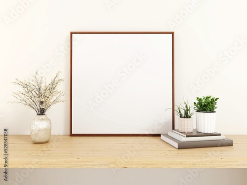 Blank square frame mockup, ornaments, plants and books on a table. 3d illustration, interior design, 3d rendering