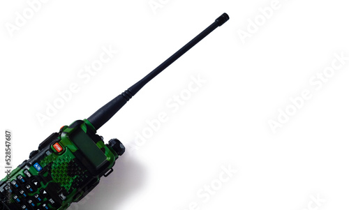 Isolated portable radio transmitter on a white background close up