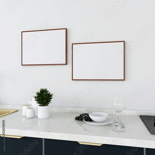Mockup of two horizontal frames in a kitchen with decoration and ornamental plant. 3d illustration  interior design  3d rendering
