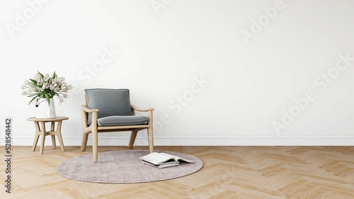 Wall mockup in a living room with wooden chair, table with vase and books. 3d rendering, interior design, 3d illustration