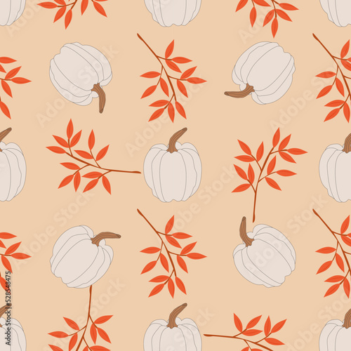 Seamless pattern of autumn pumpkins and leaves. Ripe juicy pumpkins and falling leaves.