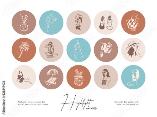 Set of hand drawn line art travel and floral illustrations for social media highlight covers 