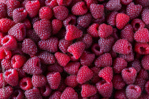 Fresh red raspberry in background, close up, top view. Many ripe raspberries berries texture. Food and agriculture concept