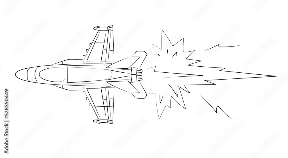 Fighter, military airplane. Jet aircraft at moment of transition to supersonic speed drawn in style of comics. Air combat. Difficult maneuver at speed. Sketch, linear contour in minimalist style Fighter, military airplane. Jet aircraft at moment of transition to supersonic speed drawn in style of comics. Air combat. Difficult maneuver at speed. Sketch, linear contour in minimalist style