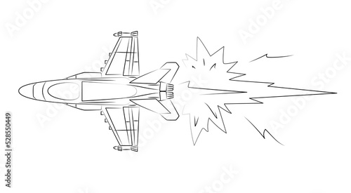 Fighter, military airplane. Jet aircraft at moment of transition to supersonic speed drawn in style of comics. Air combat. Difficult maneuver at speed. Sketch, linear contour in minimalist style