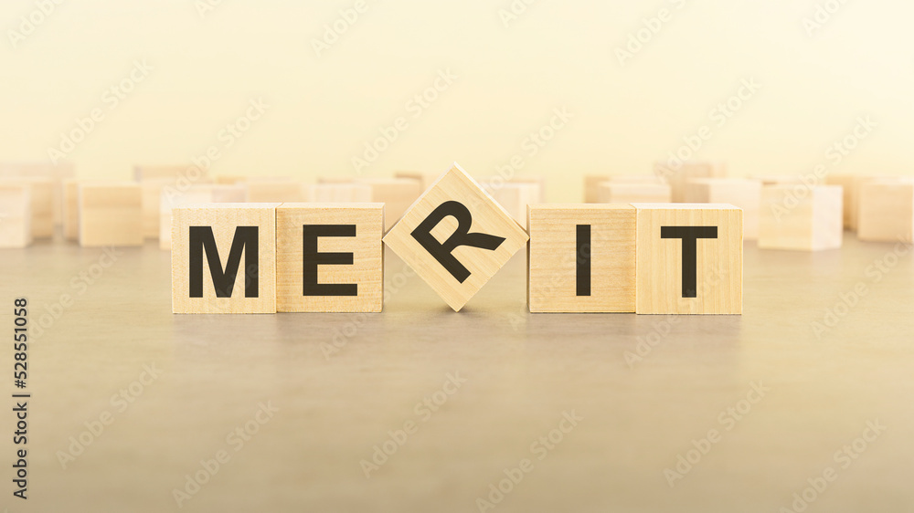 Obraz premium five wooden blocks with the letters MERIT on the surface table