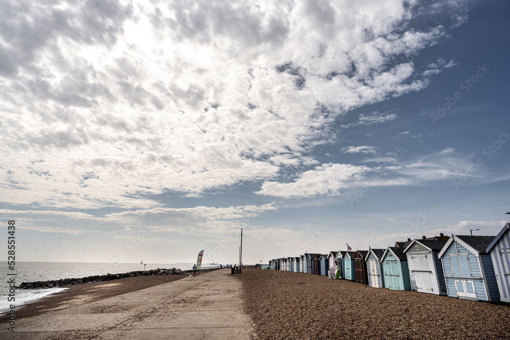 beach in the morning, beach huts and blue sky