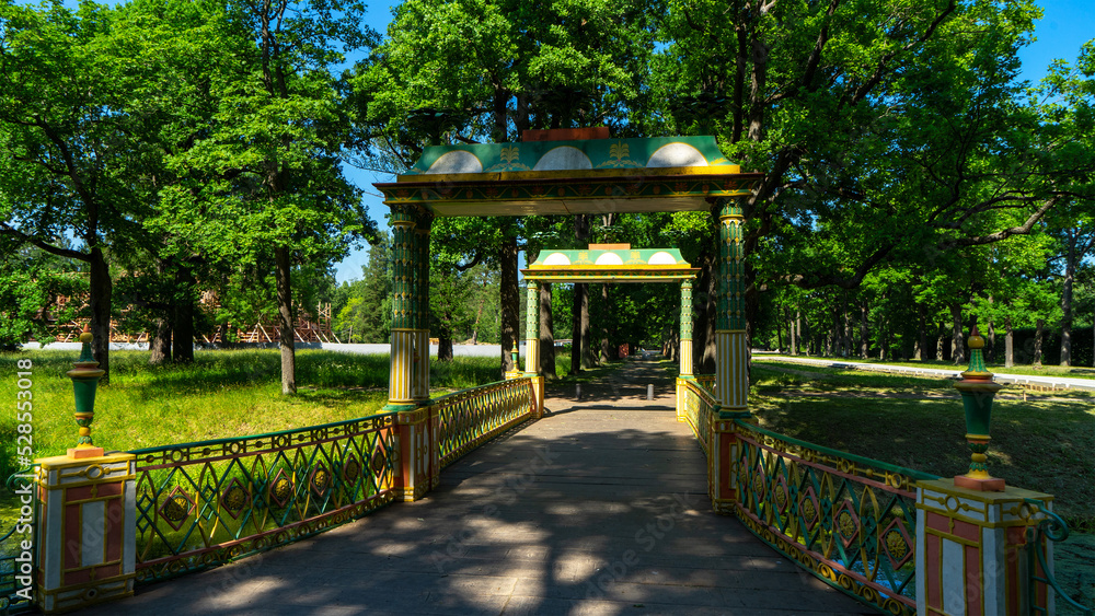 Small Chinese Bridge in Alexander Park, park in Tsarskoye Selo outside St. Petersburg in summer. Pushkin city