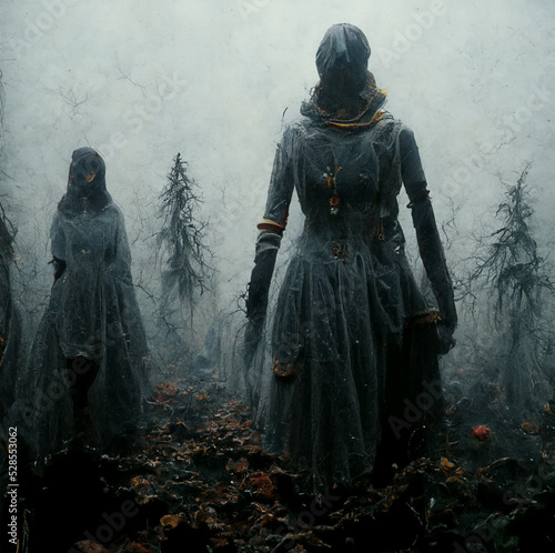 Leinwand Poster ghost women in fog Halloween background digital art