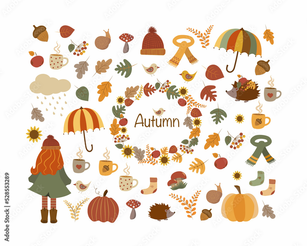 Cozy autumn set with isolated pictures