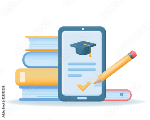 3d smart phone with graduate cap on screen, stack of books and pencil. Online Education, e-learning concept. Realistic Vector illustration.