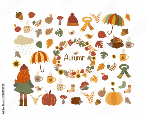 Cozy autumn set with isolated pictures photo