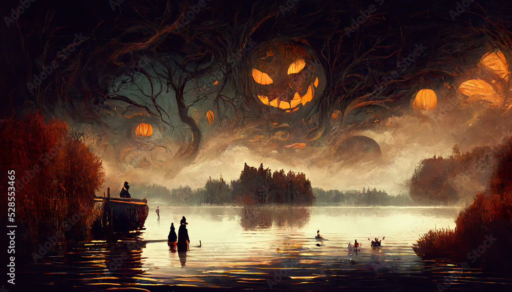 Halloween scary spooky lake Jack O Lantern creepy illustration Stock