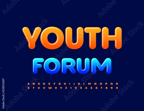 Vector creative Emblem Youth Forum. Glossy Orange Font. Modern Alphabet Letters and Numbers set