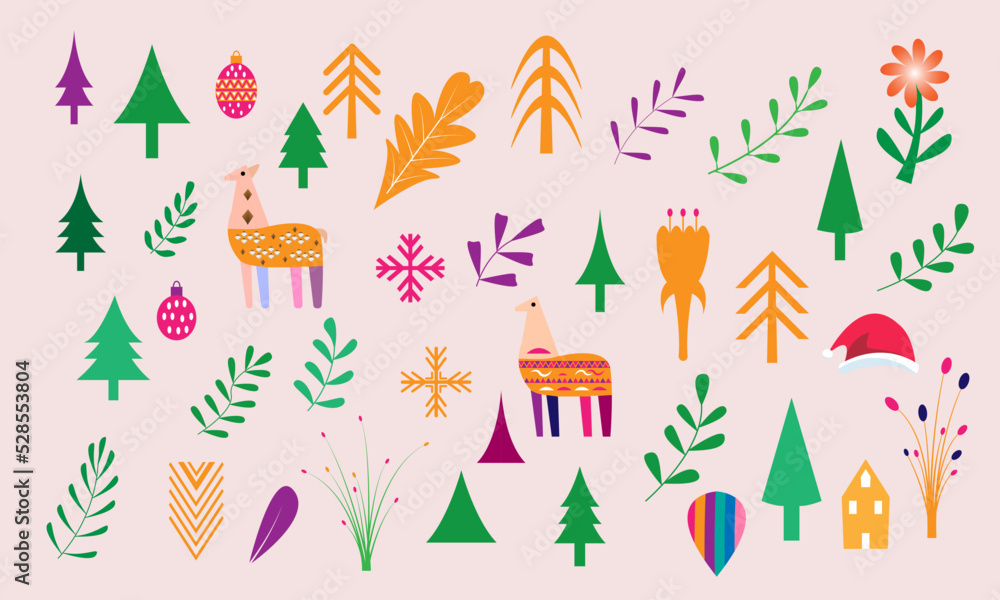 Christmas pattern in Scandinavian folk style with deer, Christmas tree