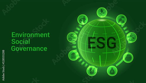ESG icons around sphere. Environmental, Social and Corporate Governance Banner 