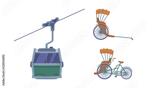 Chinese Funicular as Cable Railway on Steep Slope and Rickshaw Cycle Vector Set