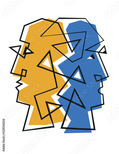 

Schizophrenia depression, bipolar disorder, male heads, lineart. 
Expressive illustration of connected Male heads. Concept symbolizing mental illness, continuous line drawing design.Vector available