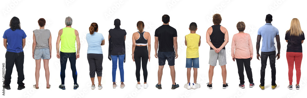 back view of a large group of people dressed in sports and casual clothes on white background back view of a large group of people dressed in sports and casual clothes on white background