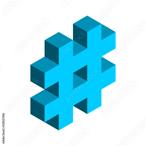 Blue isometric hash symbol. 3D hashtag sign. Marking keywords. Social media hash mark communication. Crisscross online marketing tool. Octothorp icon for SEO promotion. Vector illustration, clip art.