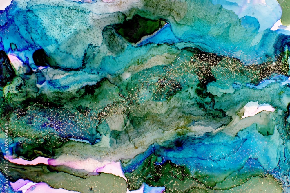 Golden dust on teal Alcohol ink fluid abstract texture fluid art with gold glitter and liquid.