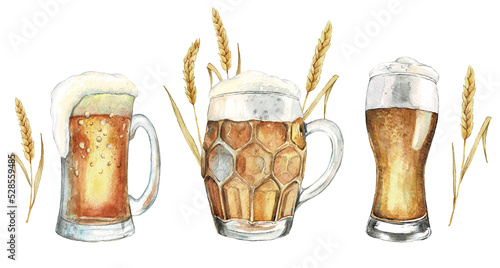 Watercolor Beer glasses collection. Classic beer mug with ears of wheat. Watercolor realistic food illustration. Modern design. Bar Menu design	