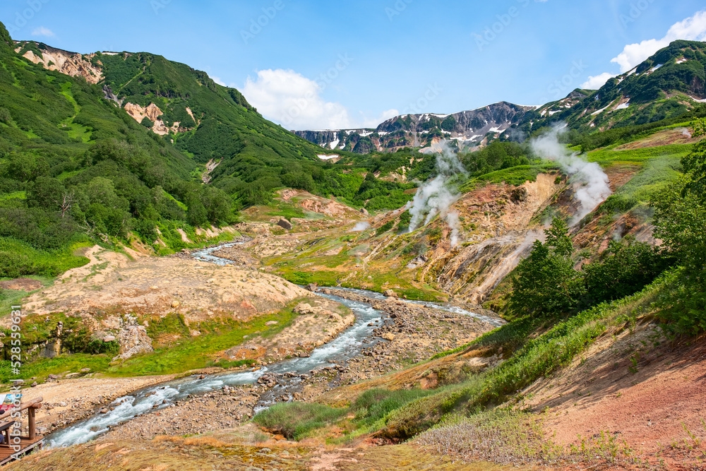 Russia, Kamchatka. Hot springs, mountains and fumaroles of the Valley of Geysers