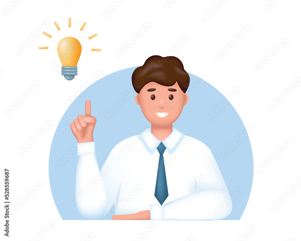 Young businessman having an idea. 3d male character. Freelance, creativity innovation and business idea concept. Realistic cartoon vector illustration.