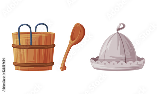 Wooden Barrel, Spoon and Hat for Sauna as Finland Symbol and Attribute Vector Set