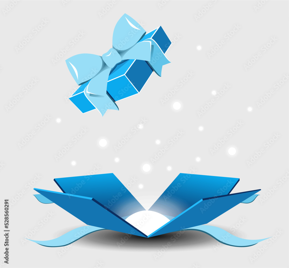 Obraz premium Open gift box with a surprise and a ribbon bow on a gray background. Realistic vector icon for gift, birthday or wedding banners