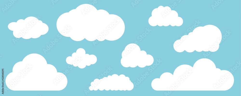 Cartoon clouds isolated on blue sky. Abstract white cloudy set isolated on blue background