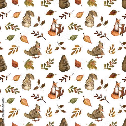 Watercolor seamless pattern, forest animals, mothers with babies. 