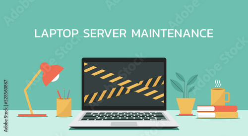 computer laptop server system maintenance on table concept, technical error and service, flat vector illustration	