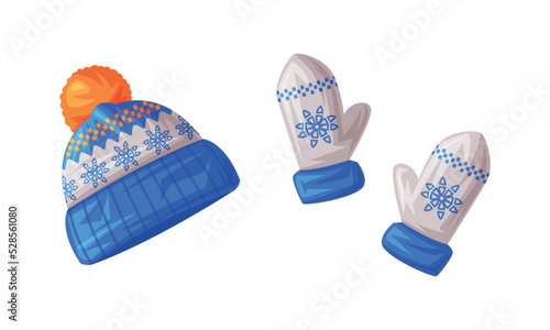 Warm Knitted Mittens and Hat as Finland Symbol and Attribute Vector Set