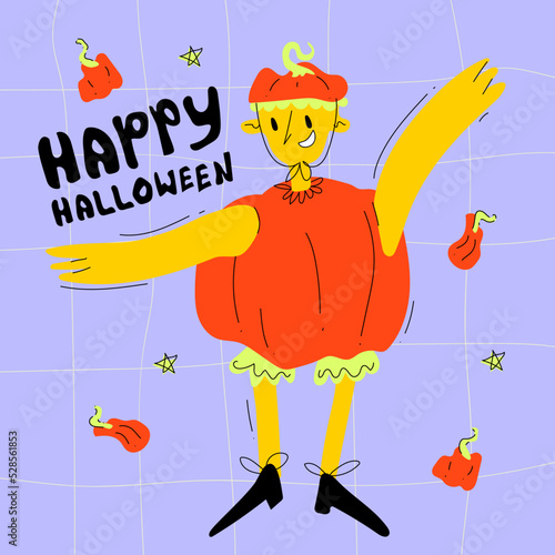Hand drawn boy in pumpkin costume for Halloween