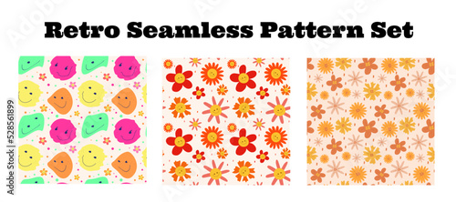 A set of three Seamless patterns of bright hippie smiles from the 60's 70's and 80's