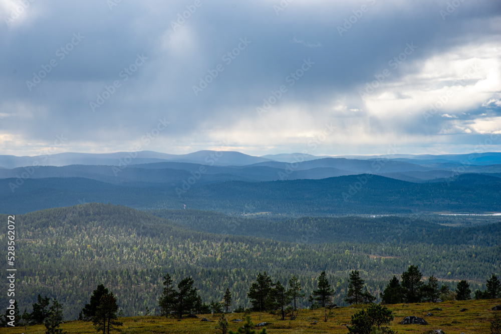 Misty mountains and forest in Lapland Finland