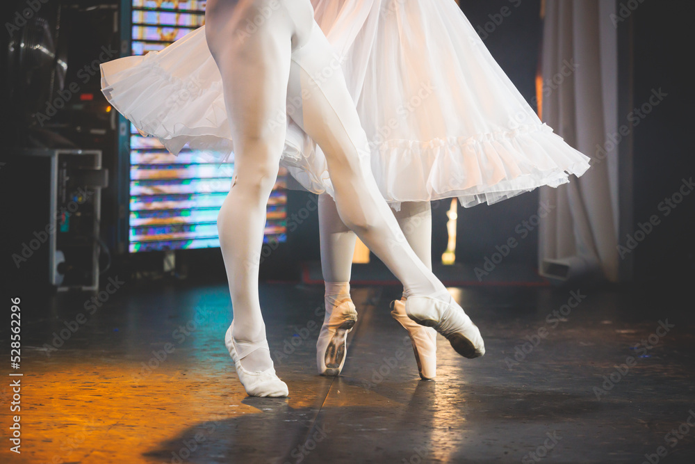 Ballet dancers couple during performance repetition, classic ballet