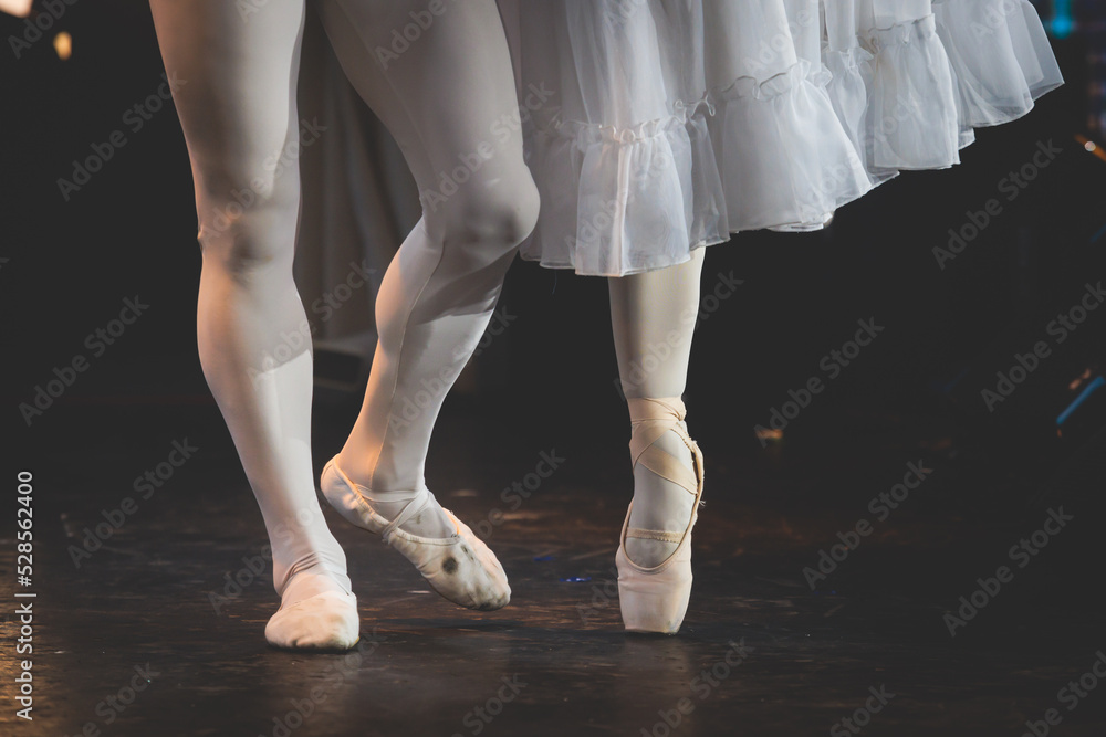 Ballet dancers couple during performance repetition, classic ballet