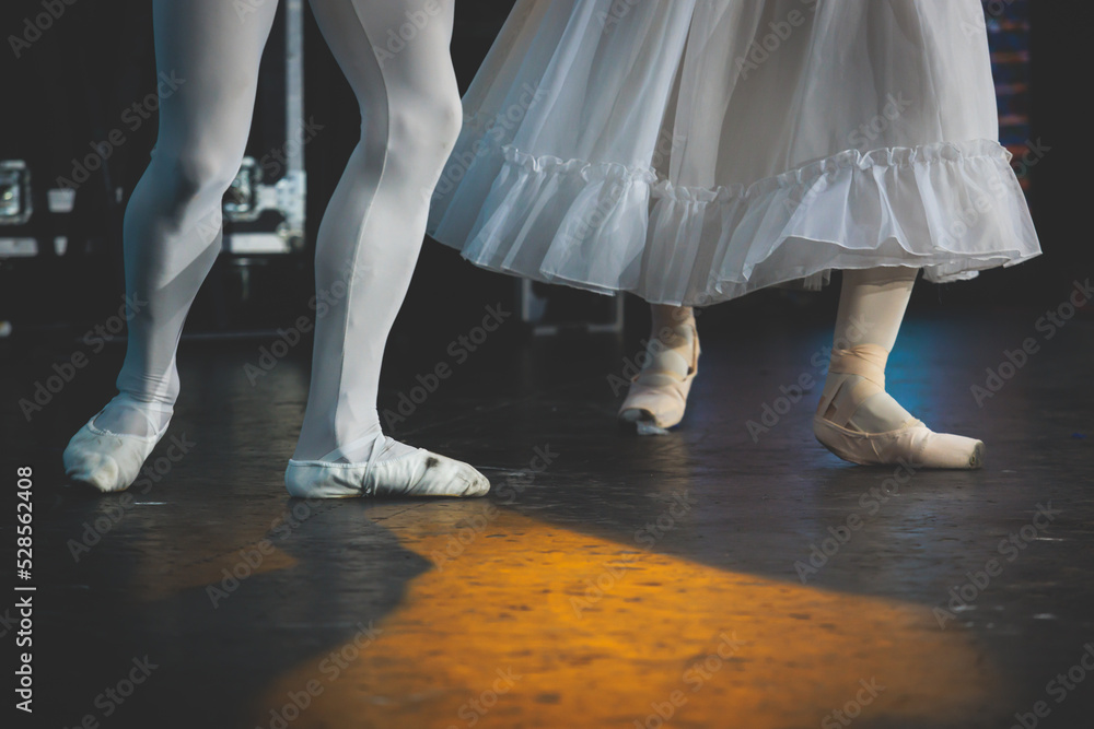 Ballet dancers couple during performance repetition, classic ballet rehearsal practicing in ballroom, view of legs in pointe shoes, ballerina and ballet dancer on a concert hall theatre stage