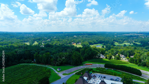 an aerial shot of a gorgeous summer landscape at the vineyard with miles of lush green trees grass and plants with blue sky and clouds in Braselton Georgia USA photo