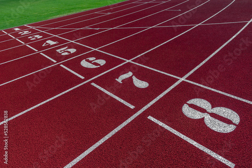 Track and field lanes and numbers. Running lanes at a track and field athletic center. Horizontal sport theme poster, greeting cards, headers, website and app