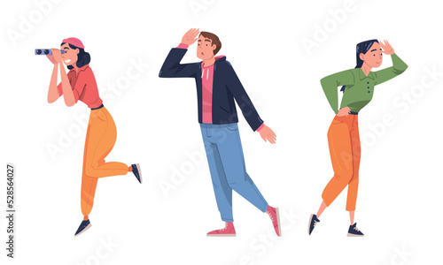 Man and Woman Looking at Something Interesting Holding Hand Against Forehead and with Binoculars Vector Set